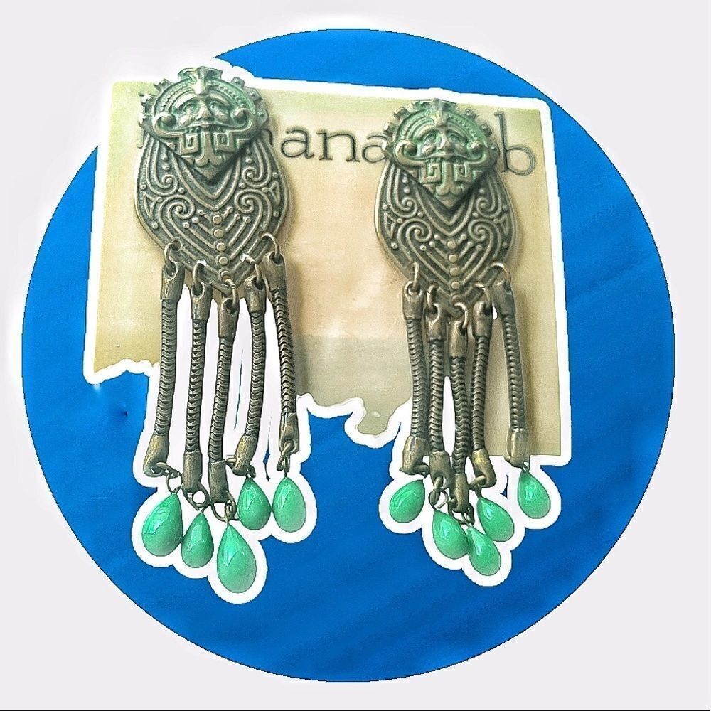 Vintage Banana Bob Aztec theme ox Gold green chandelier clip back earrings